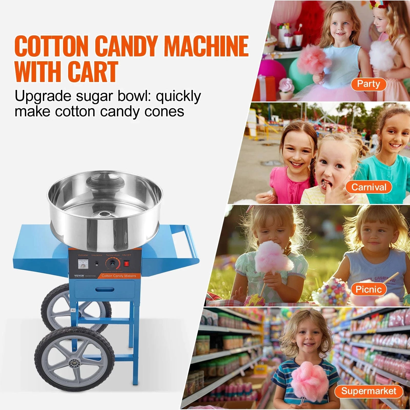 Electric Cotton Candy Machine with Cart, Stainless Steel Bowl, Scoop and Drawer-Blue / United States