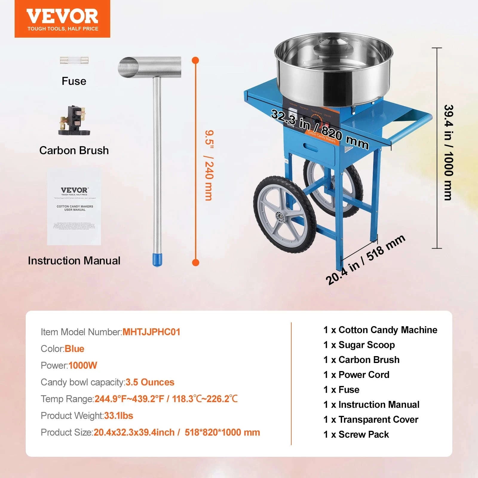 Electric Cotton Candy Machine with Cart, Stainless Steel Bowl, Scoop and Drawer-Blue / United States