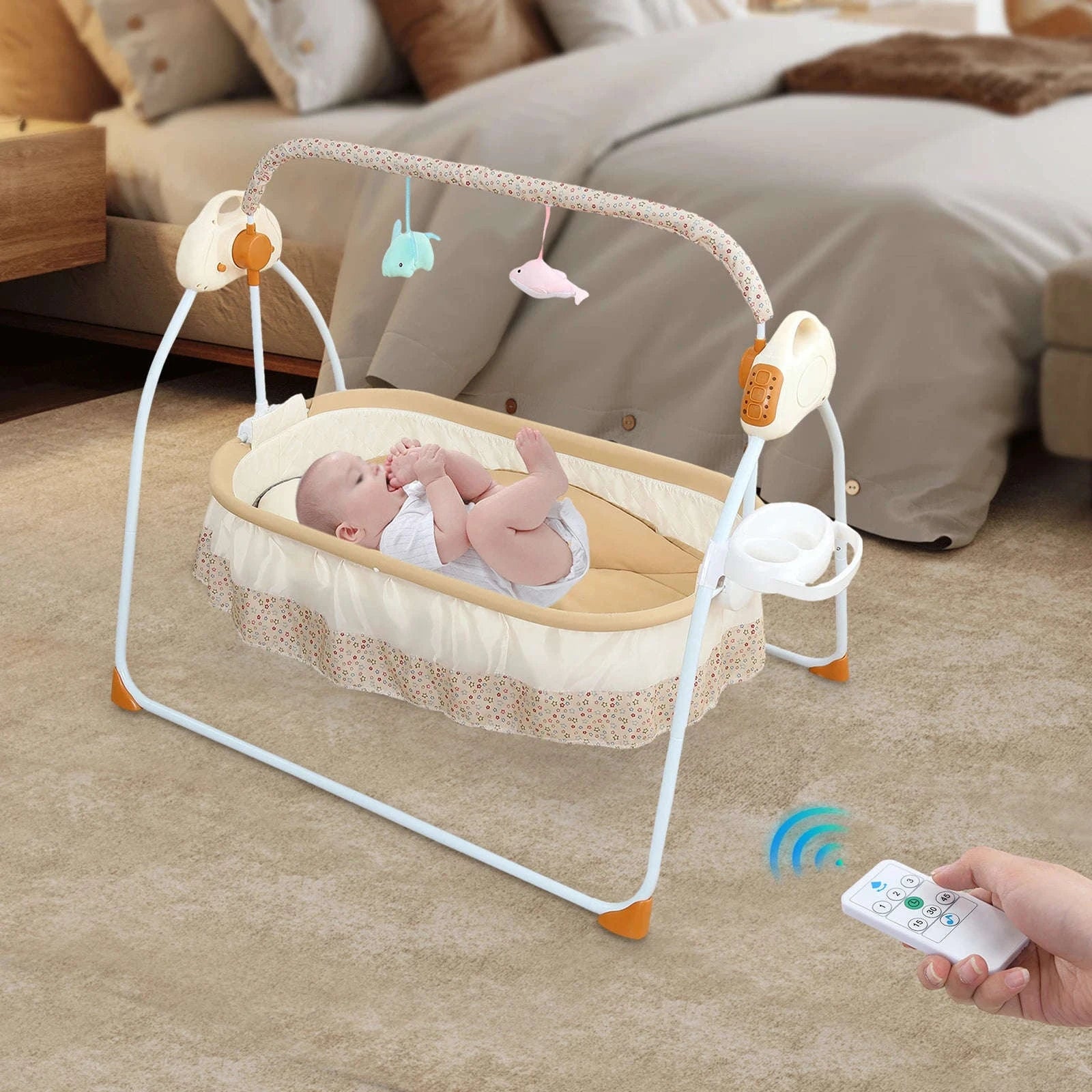 Electric Cradle Foldable Electric Baby Cradle w/ Music Dual Control, Mosquito Net & Swing, 5-Level Adjustable Rocking Bassinet-Dark Khaki / Germany