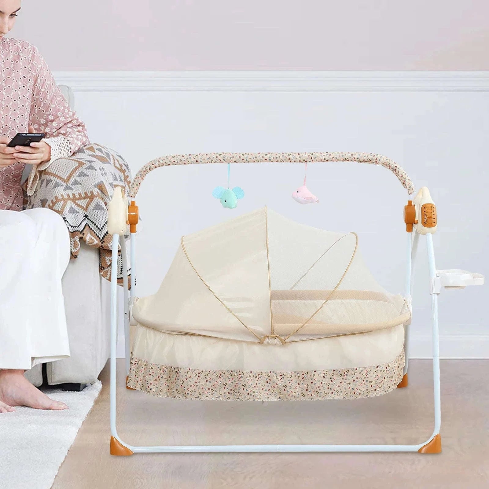 Electric Cradle Foldable Electric Baby Cradle w/ Music Dual Control, Mosquito Net & Swing, 5-Level Adjustable Rocking Bassinet-Dark Khaki / Germany