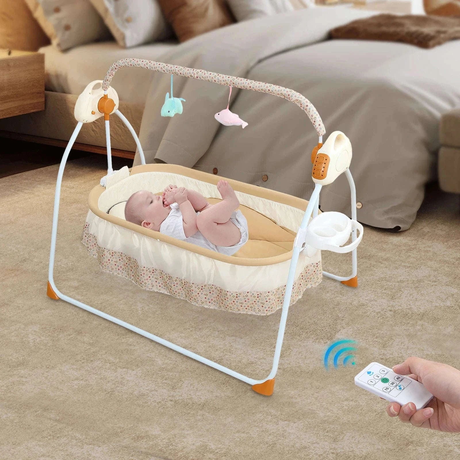 Electric Cradle Foldable Electric Baby Cradle w/ Music Dual Control, Mosquito Net & Swing, 5-Level Adjustable Rocking Bassinet-Dark Khaki / Germany