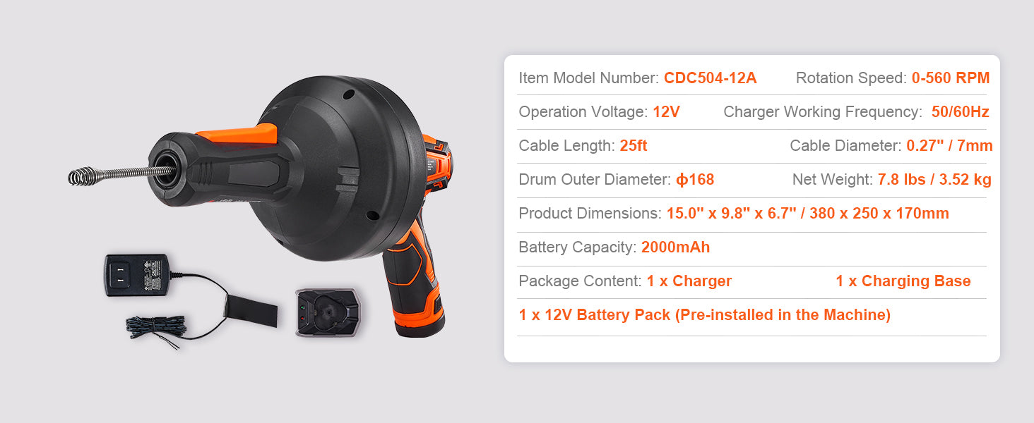 12V Bezdrátový čistič odpadů 25FT s automatickým podáváním hadice