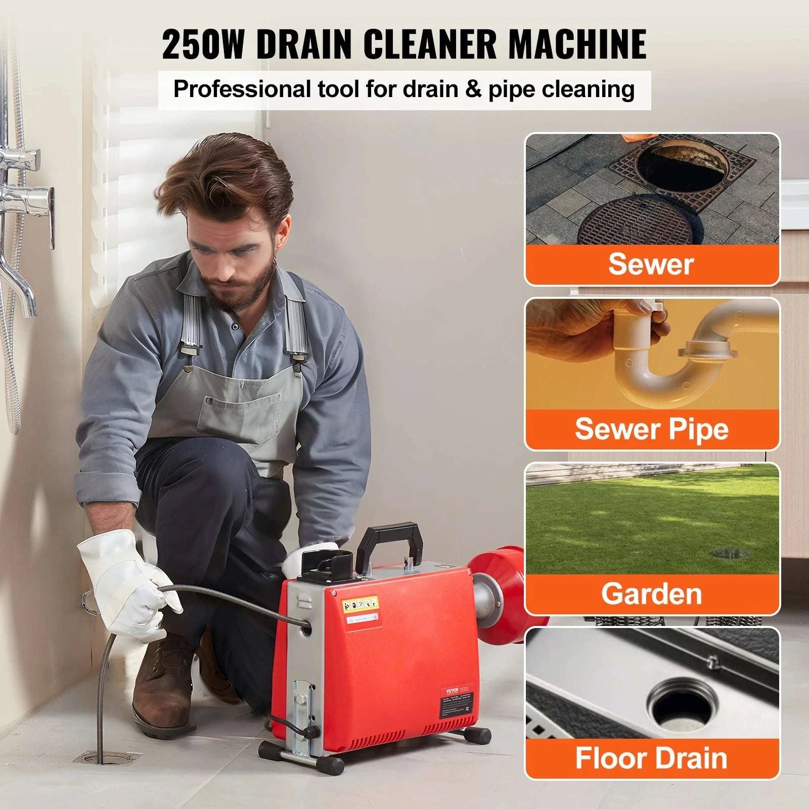 Electric Drain Cleaner Machine 250W Sewer Snake Auger with Cutters-250W / Poland