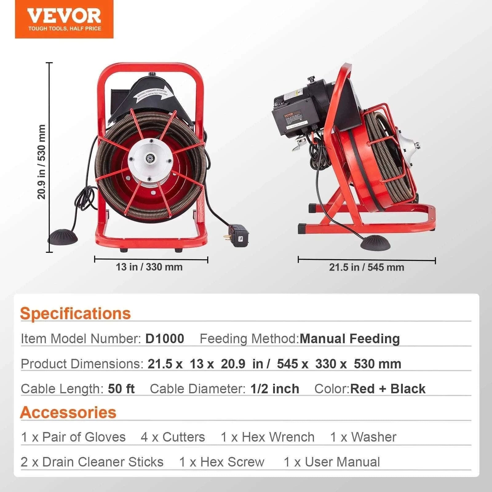 Electric Drain Cleaner Machine 75FT Sewer Snake Auger with Cutters-