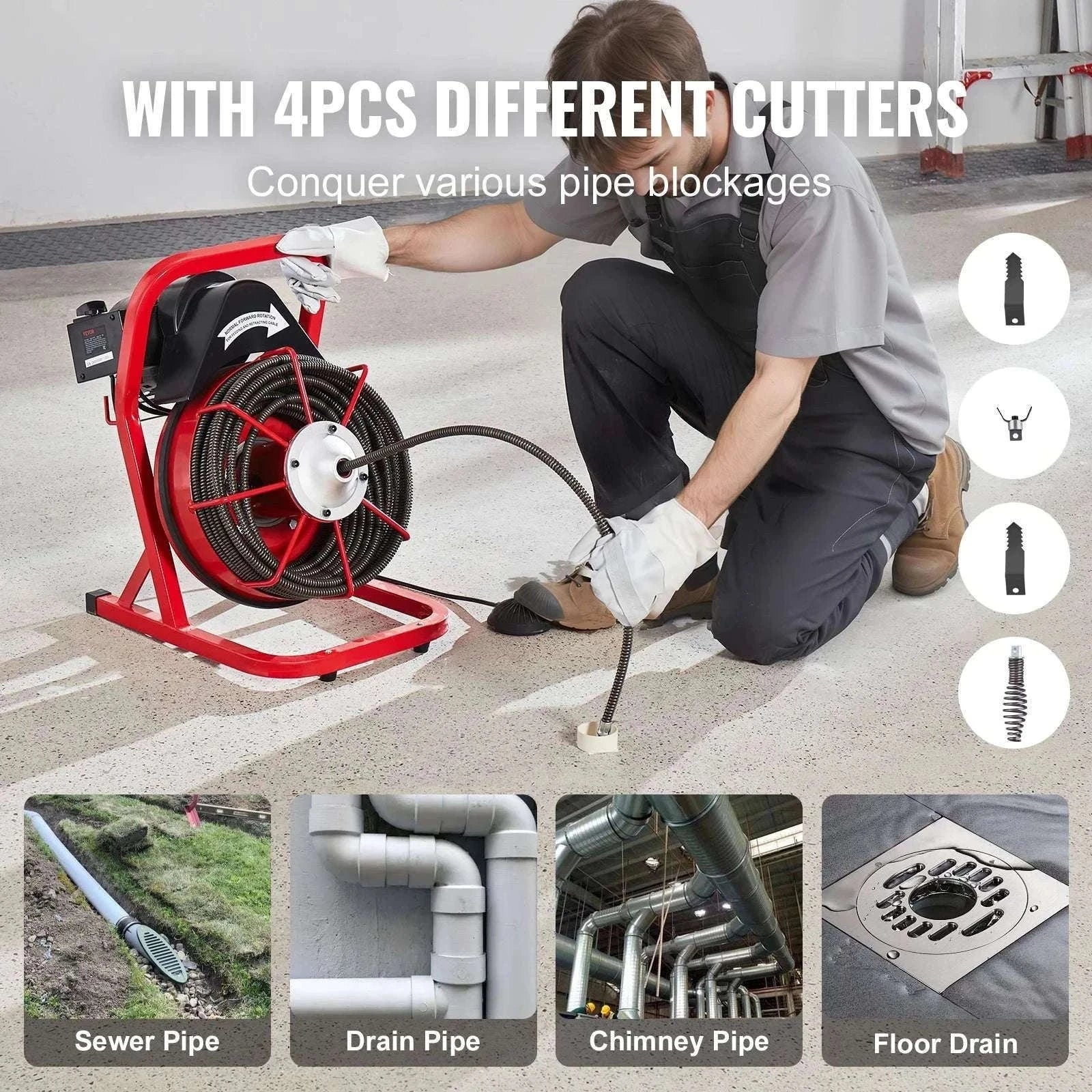 Electric Drain Cleaner Machine 75FT Sewer Snake Auger with Cutters-