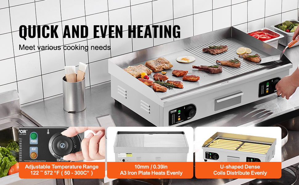Commercial Electric Griddle 122–572°F Flat Top Countertop Grill