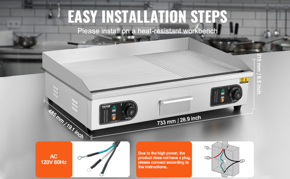 Commercial Electric Griddle 122–572°F Flat Top Countertop Grill