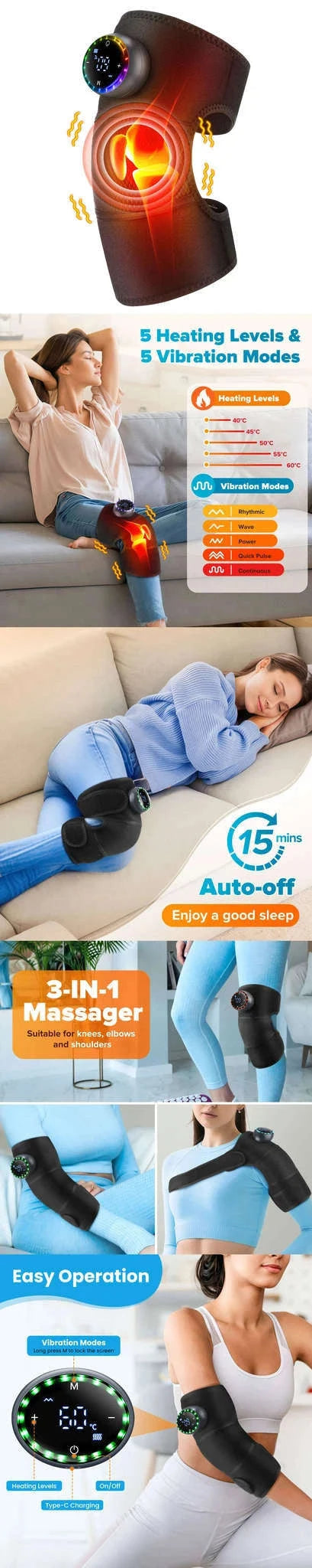 Electric Heated Knee Massager with Vibration and Warmth-TypeC -only knee / 2PCS-1 pair / CN