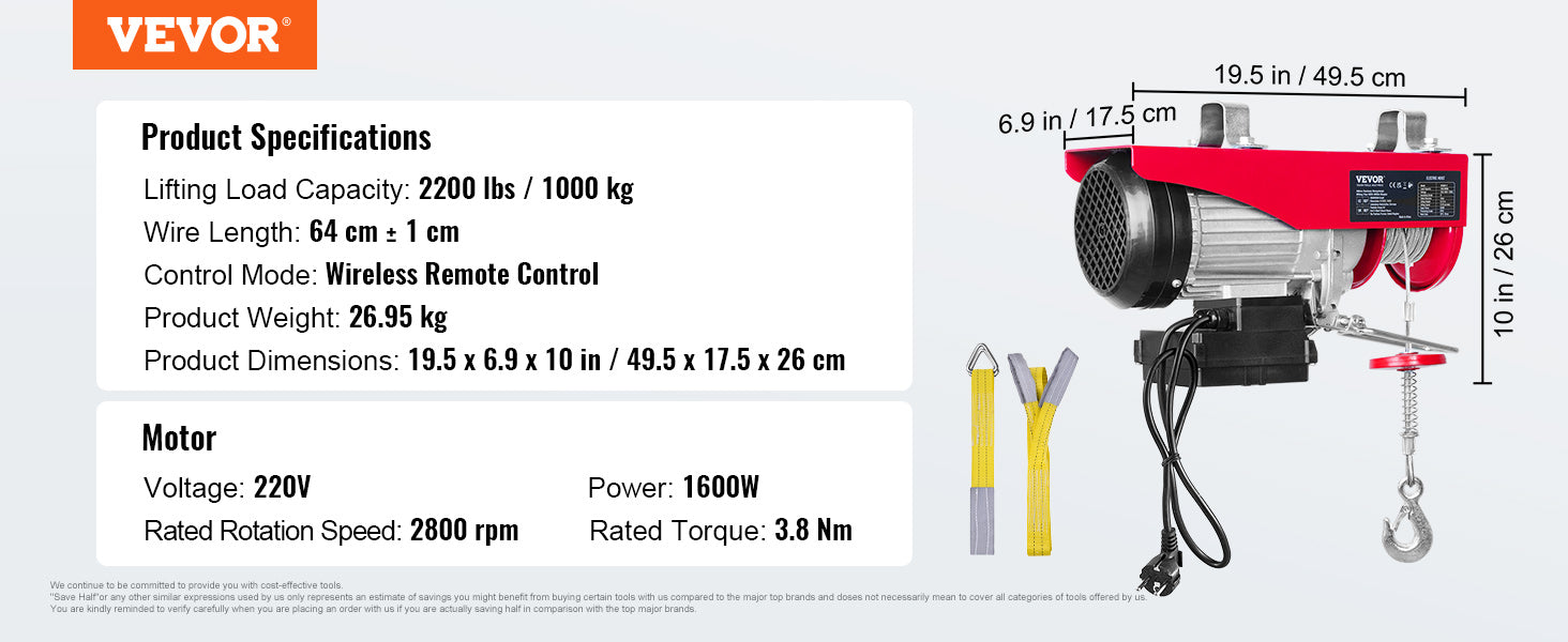 Troliu electric 400–1000 kg cu telecomandă pentru utilizare în garaj