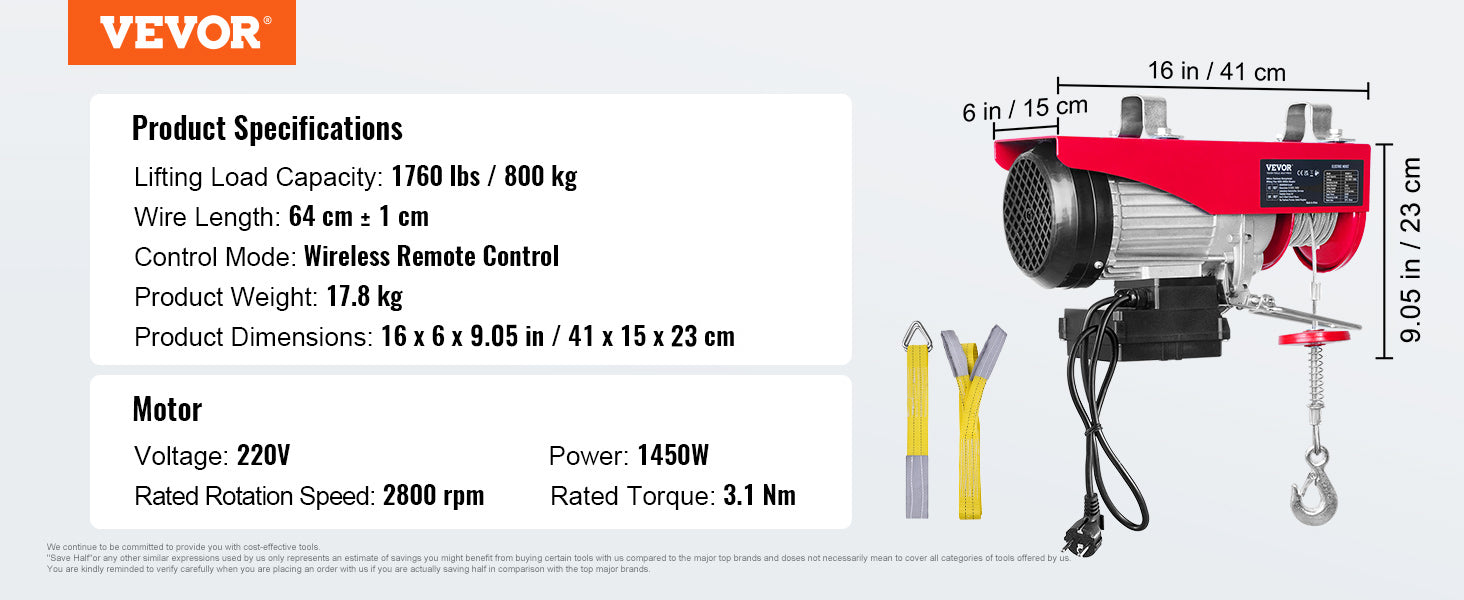 Troliu electric 400–1000 kg cu telecomandă pentru utilizare în garaj