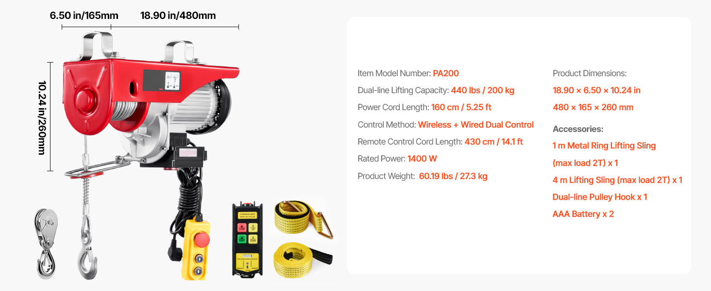 Paranco Elettrico 2200 lbs con Controllo Wireless e Cablato per Gru