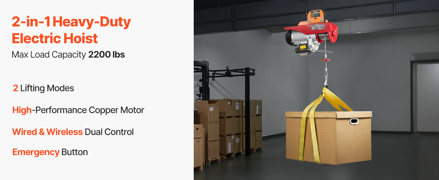 Paranco Elettrico 2200 lbs con Controllo Wireless e Cablato per Gru