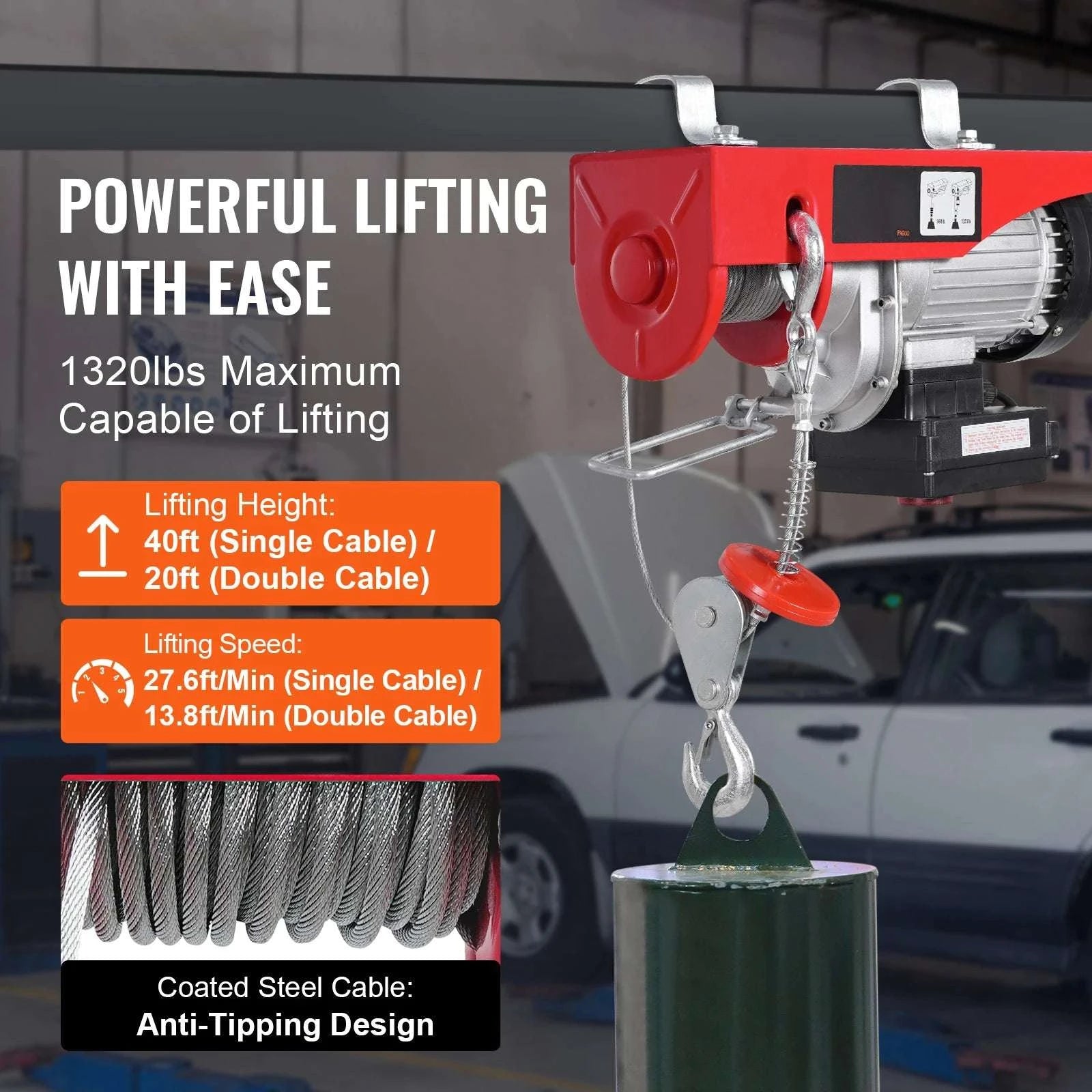 Electric Hoist Crane 1320 lbs with Wireless Remote 328 ft Range-1320lbs / United States