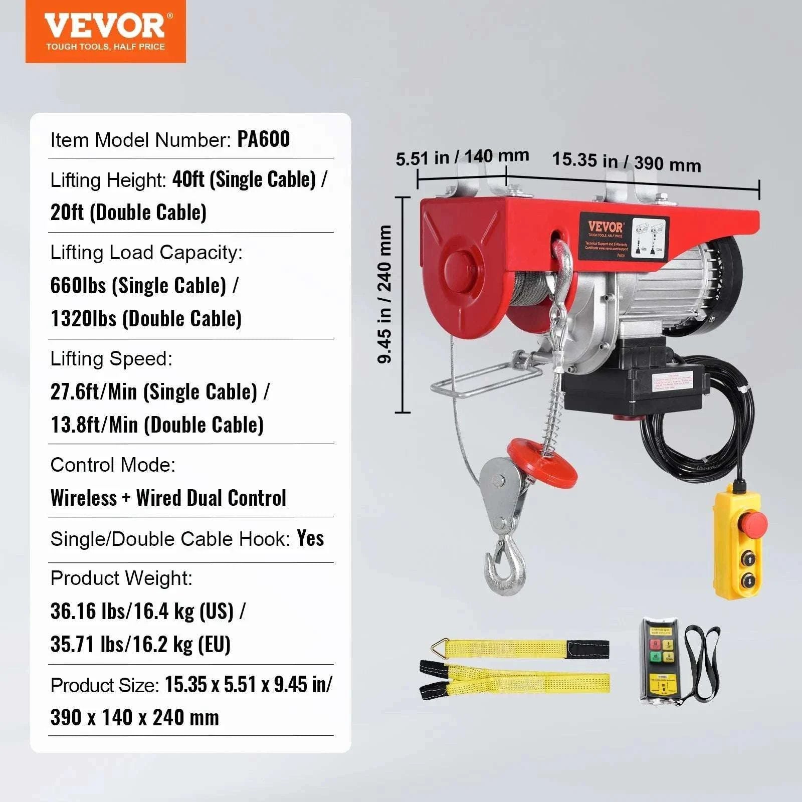Electric Hoist Crane 1320 lbs with Wireless Remote 328 ft Range-1320lbs / United States