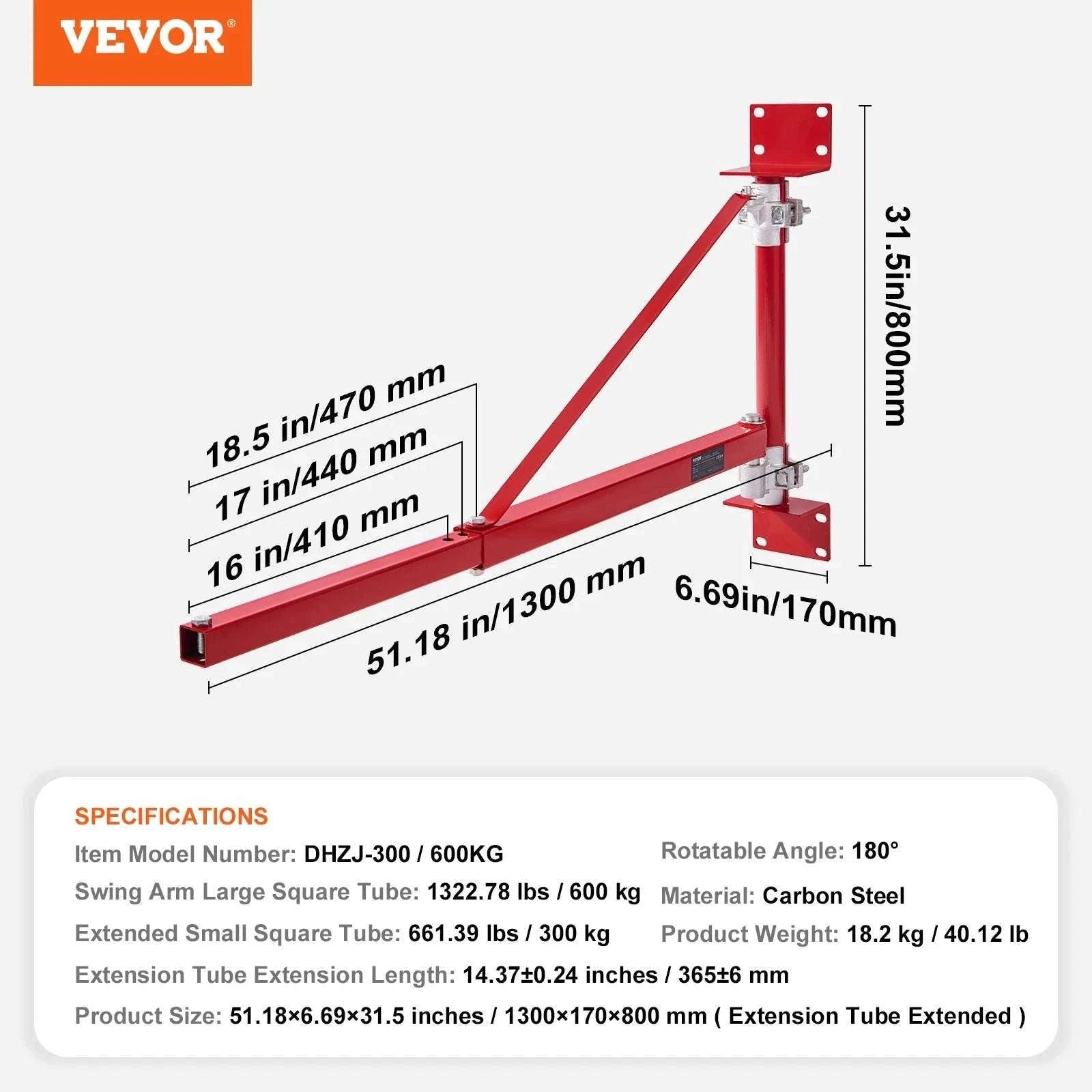 Electric Hoist Support Arm with 180° Swing for Safe Heavy Lifting-300-600kg / United States