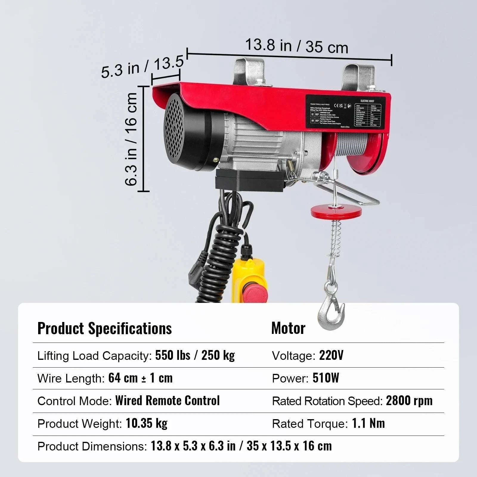Electric Hoist Winch 550–2640 lbs with 40ft Cable for Garage Use-2640 lbs / CZECH REPUBLIC