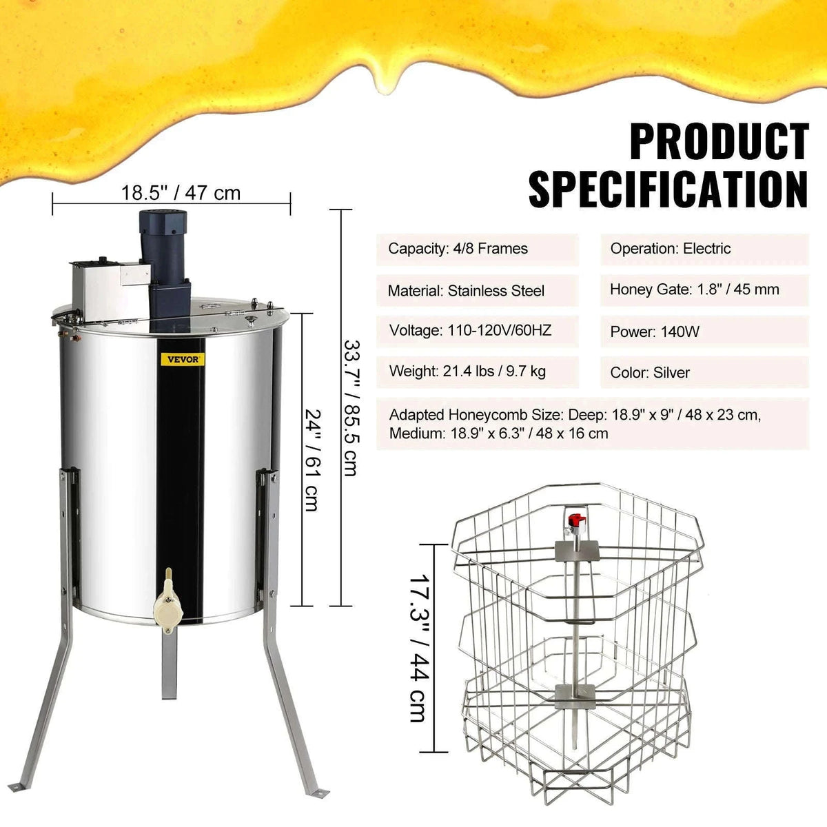 Electric Honey Extractor 4/8 Frames Stainless Steel with Adjustable Stand-18.5in / spain