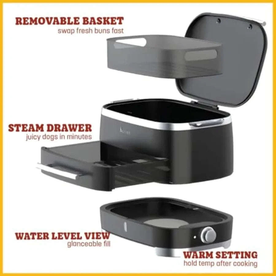 Electric Hot Dog Steamer with Bun Warmer for 24 Hot Dogs and 12 Buns-United States