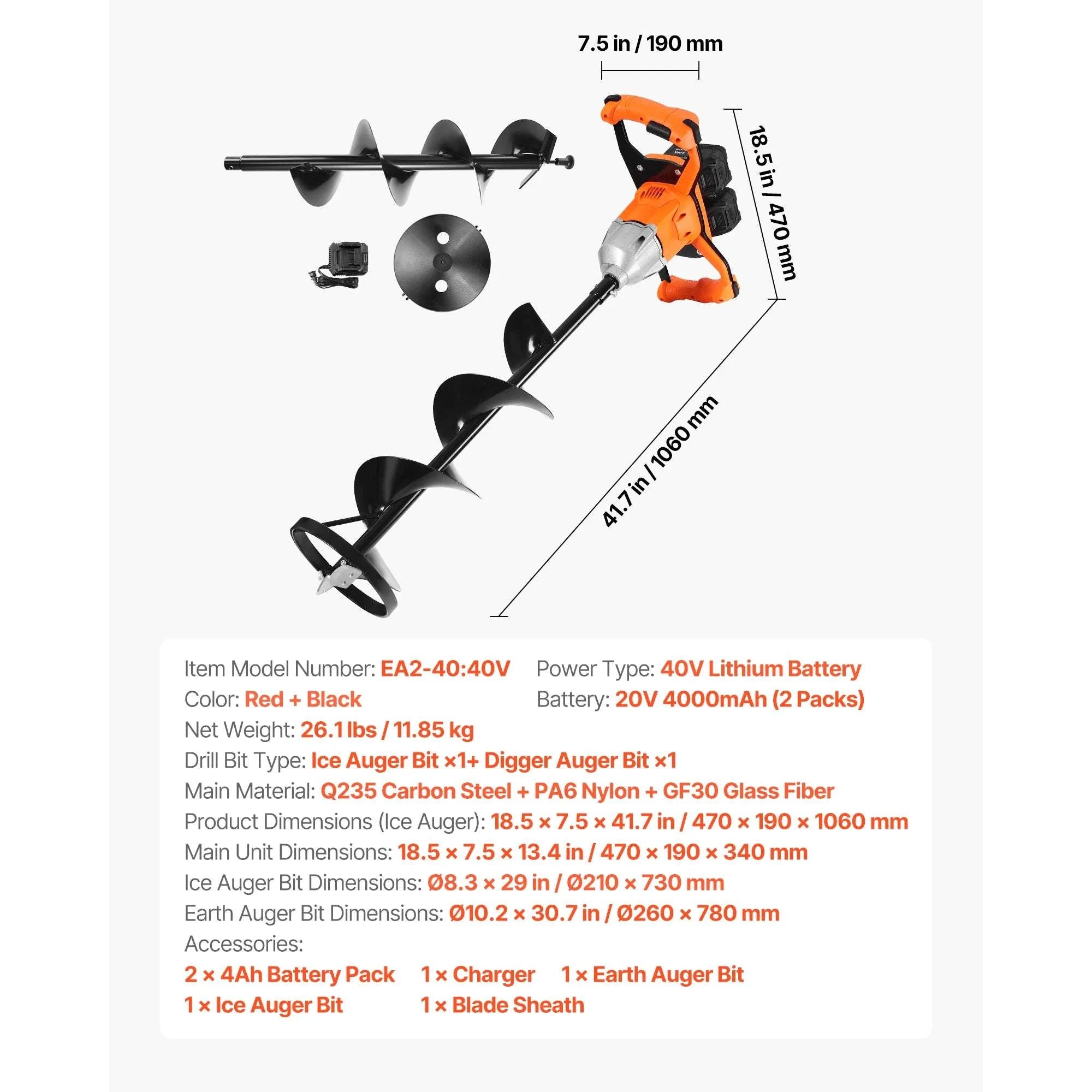 Electric Ice Auger 8" Cordless Drill with Dual Ice & Earth Bits-20V / United States