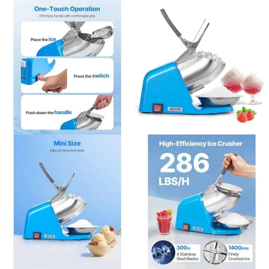 Electric Ice Crusher Machine 4-Blade 286lbs/hr Snow Cone Maker-United States / Blue