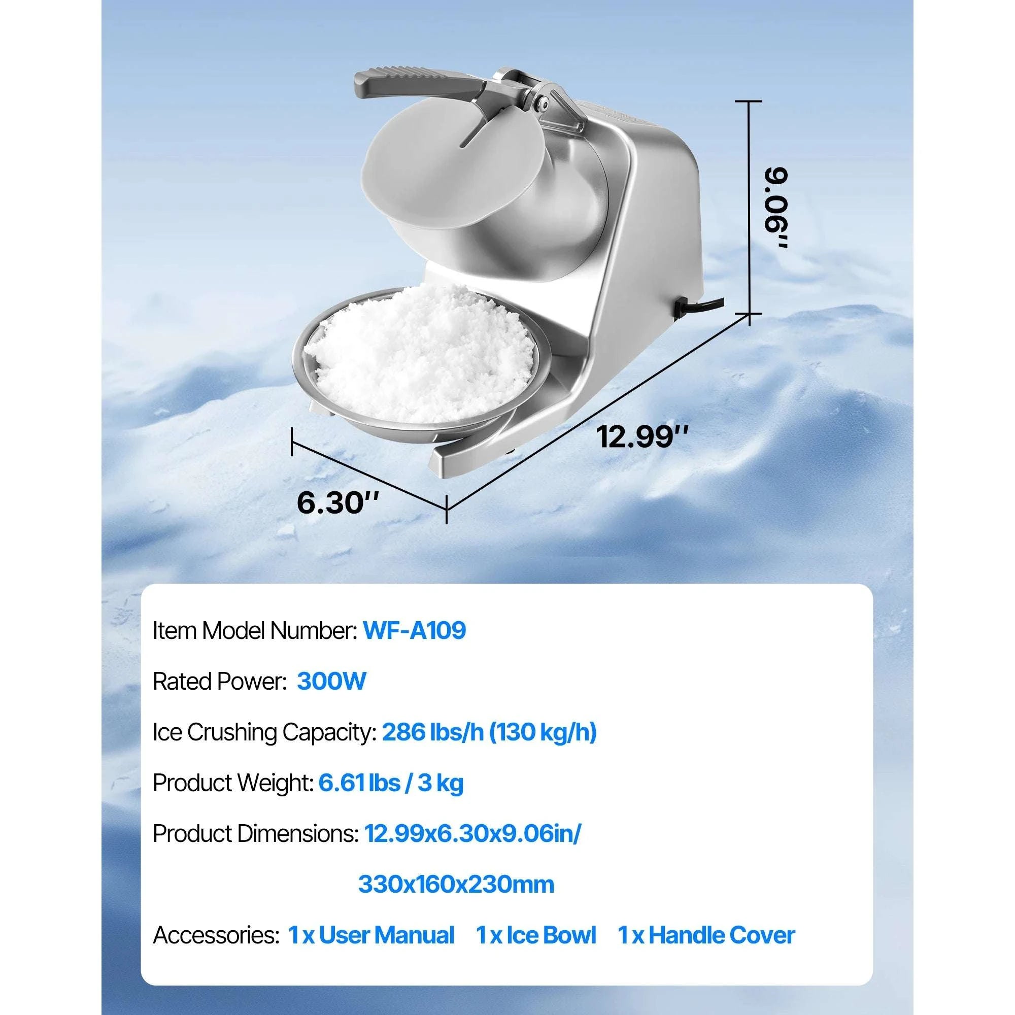 Electric Ice Crusher Machine with Bowl & Cover, 3KG/Min Shaved Ice-143lbs / United States