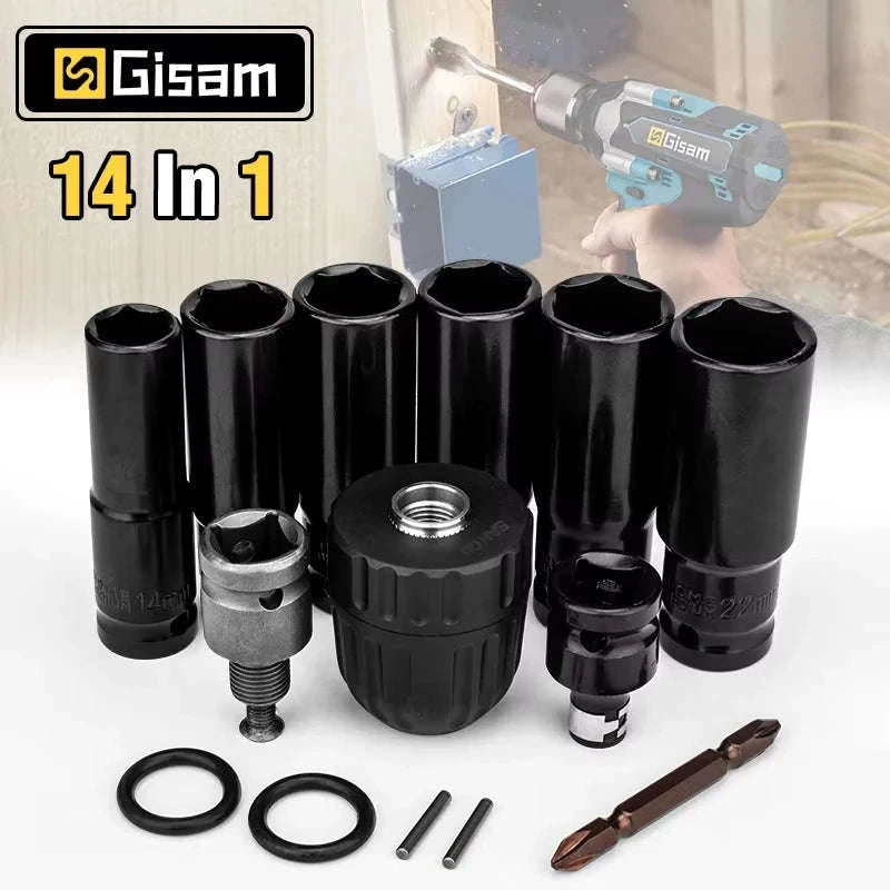 Electric Impact Wrench Socket Adapter Kit – 14‑Piece Set-As shown / Poland