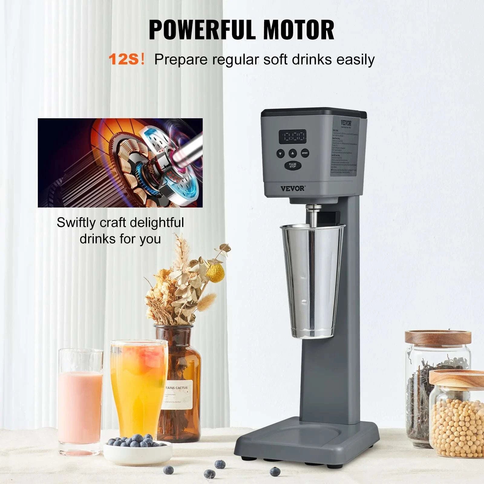 Electric Milkshake Maker 375W with 3 Speeds & 820ml Steel Cup-United States