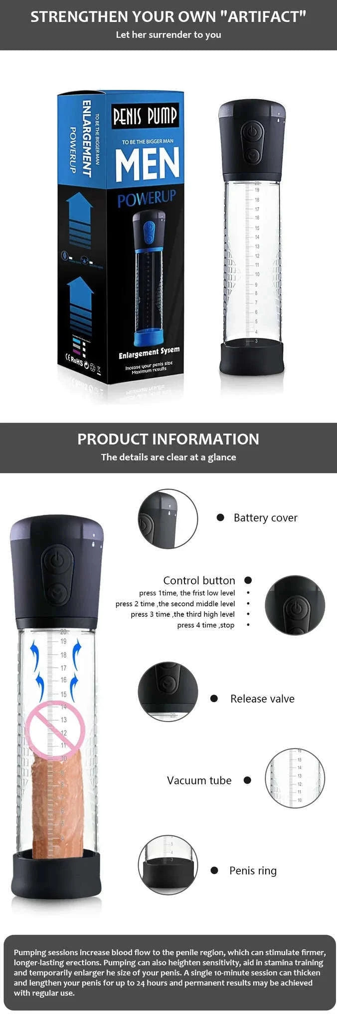 Electric Penis Pump with Adjustable Vacuum and Quick Release-YJB08-BK
