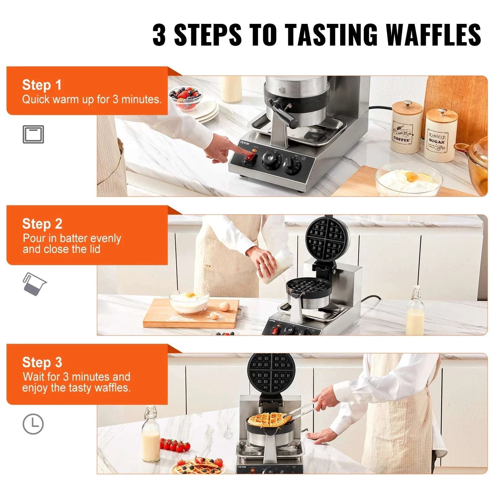 Electric Round Waffle Maker 1300W Non-Stick Stainless Steel Iron-United States