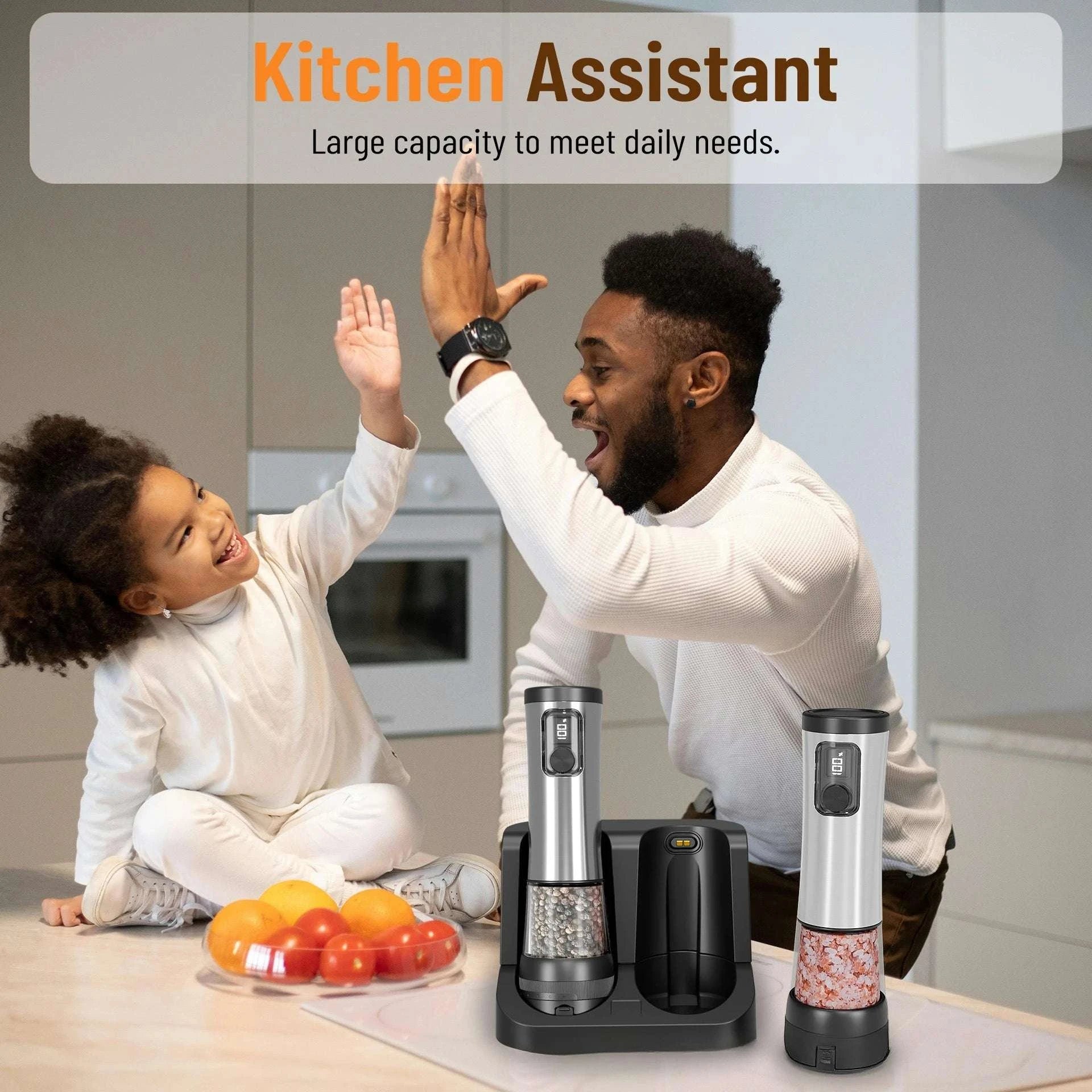 Electric Salt & Pepper Grinder Set with Rechargeable Base & LED-silver