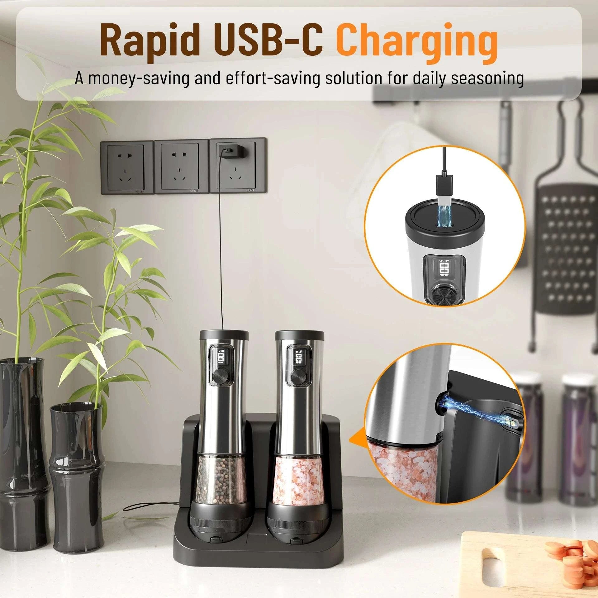 Electric Salt & Pepper Grinder Set with Rechargeable Base & LED-silver