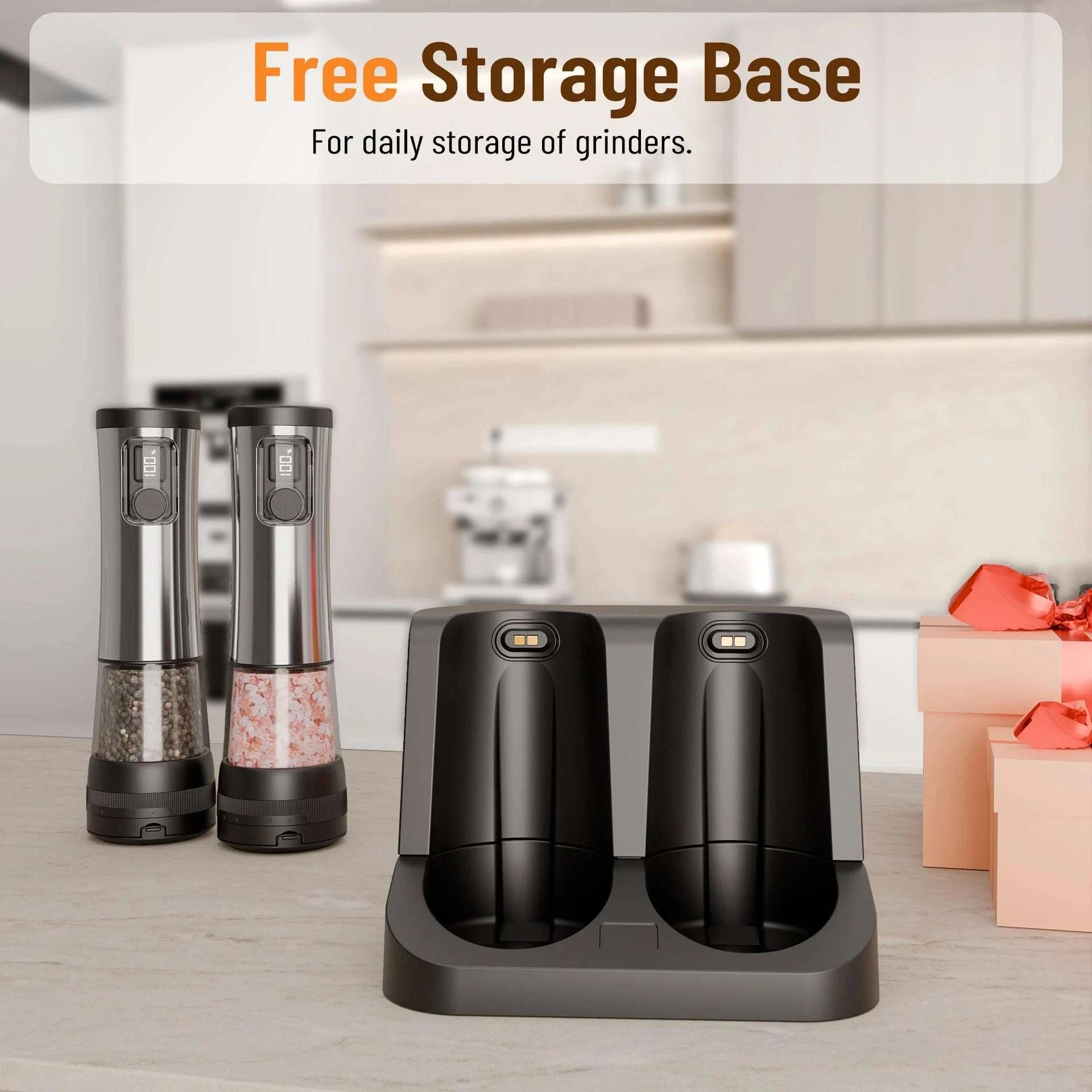 Electric Salt & Pepper Grinder Set with Rechargeable Base & LED-silver