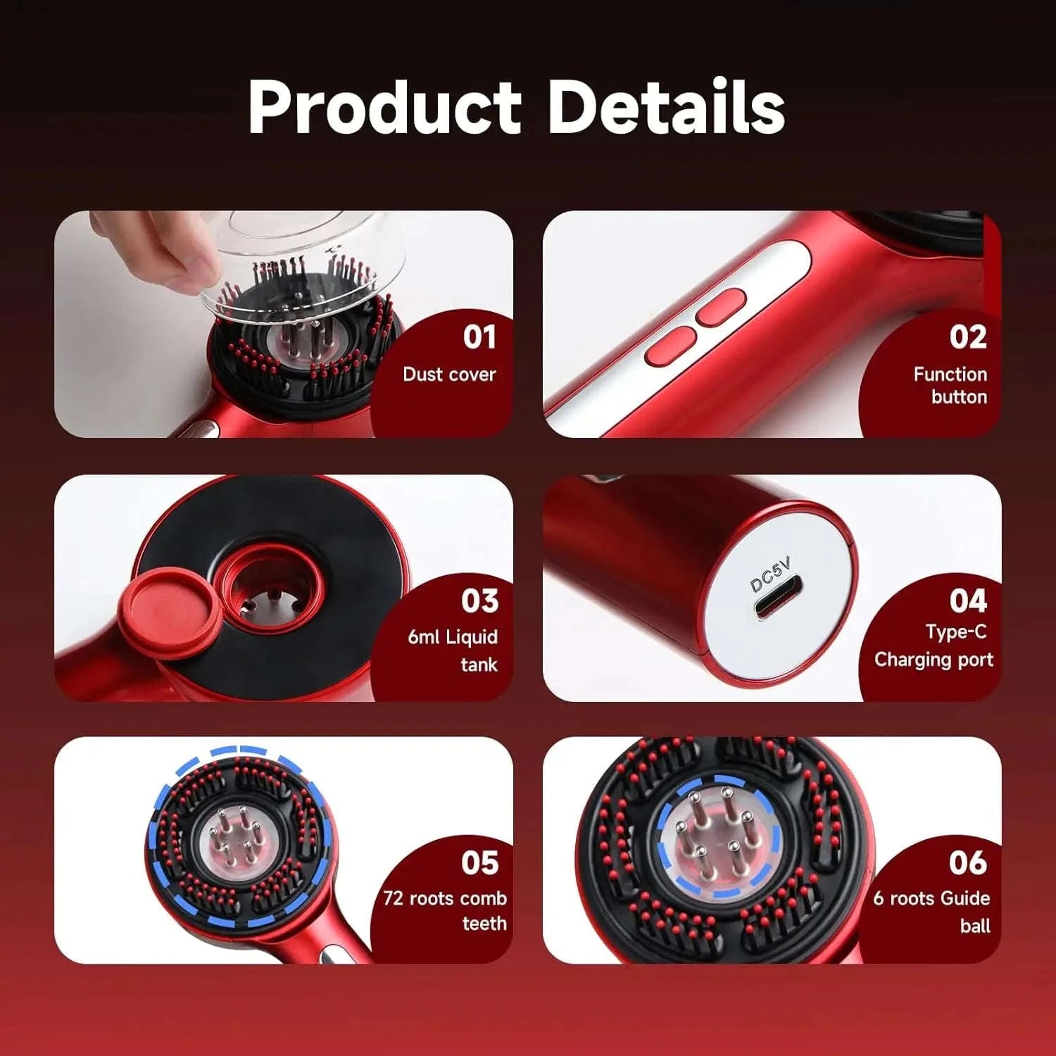 Electric Scalp Massage Comb with Oil Applicator & 5 Speed Modes-Red / United States