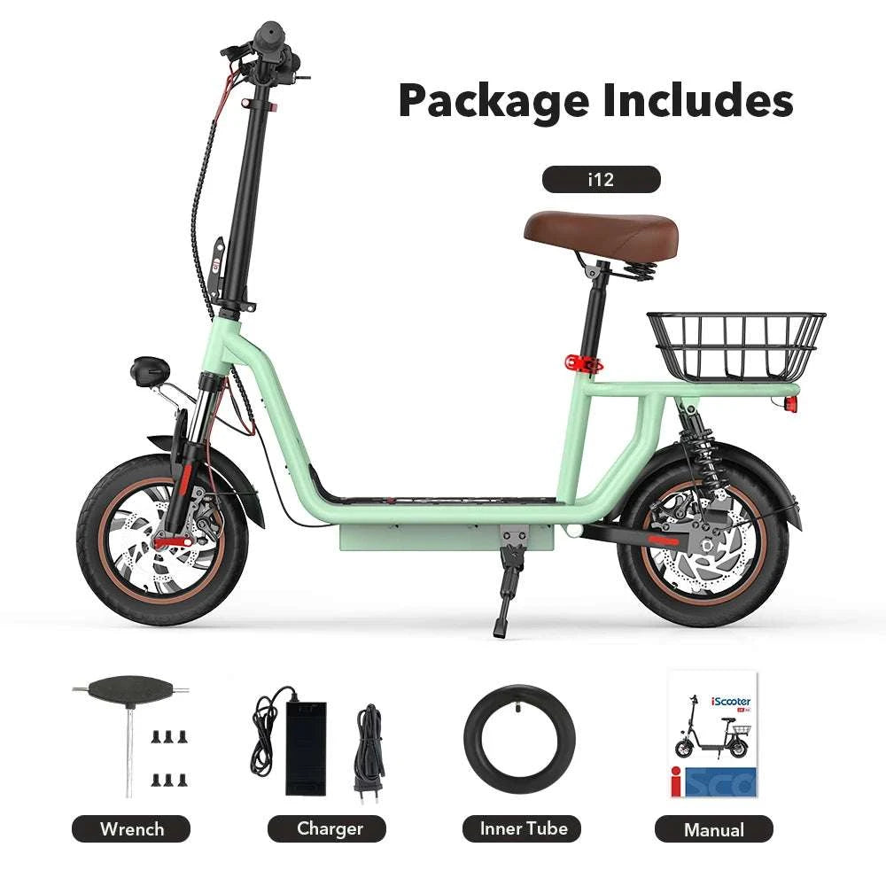 Electric Scooter with Seat 500W Motor 35KM Range 12" Tires-green / france