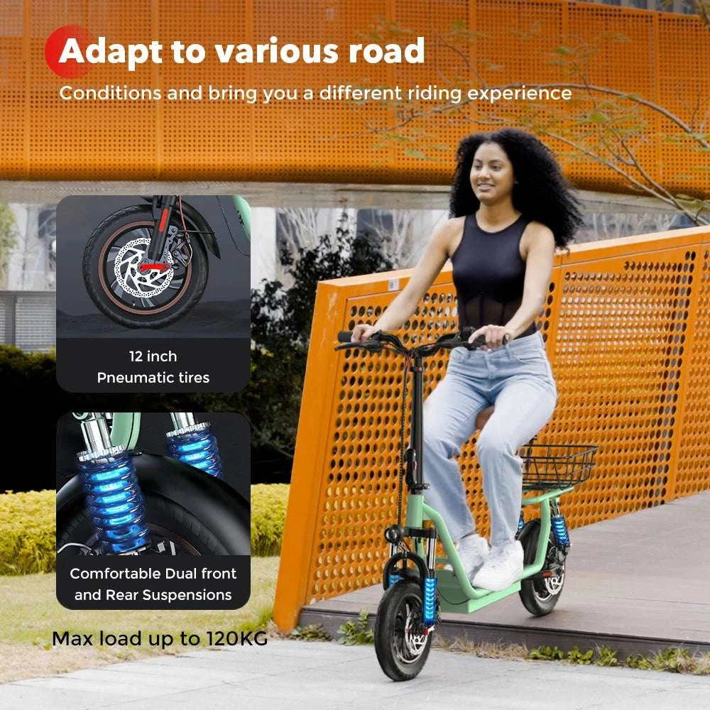 Electric Scooter with Seat 500W Motor 35KM Range 12" Tires-green / france