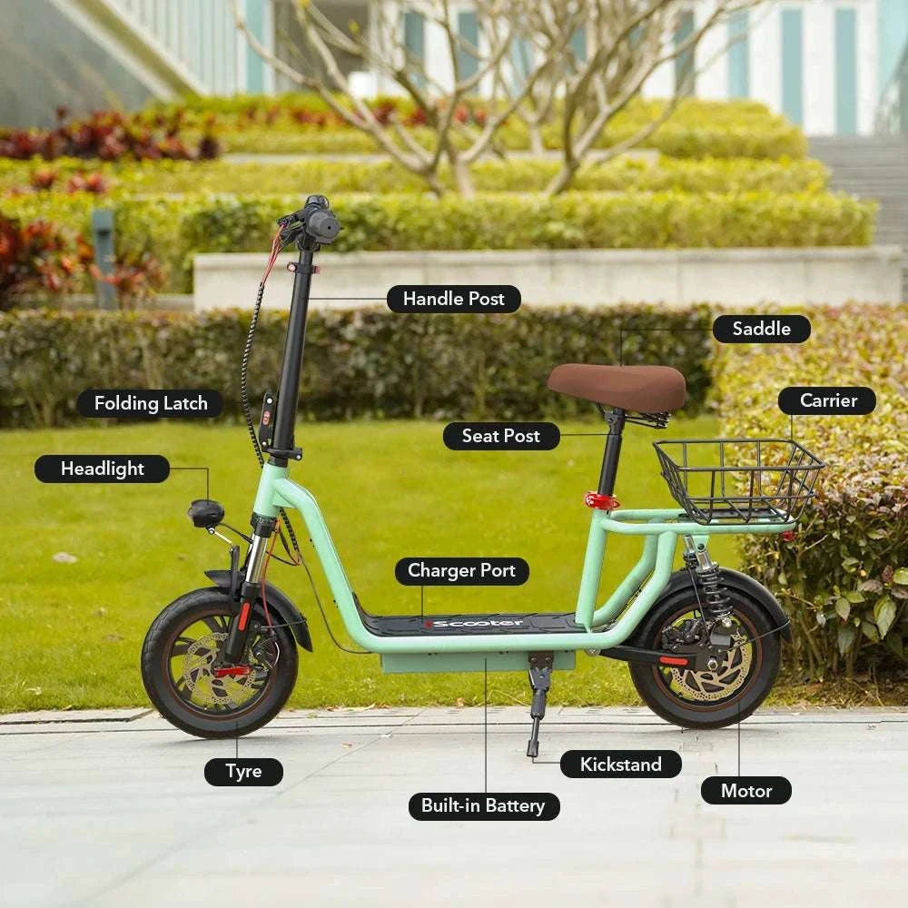 Electric Scooter with Seat 500W Motor 35KM Range 12" Tires-green / france