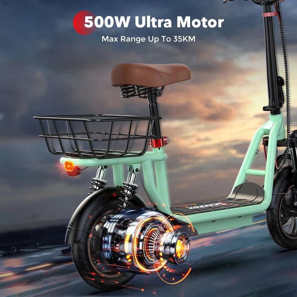 Electric Scooter with Seat 500W Motor 35KM Range 12" Tires-green / france