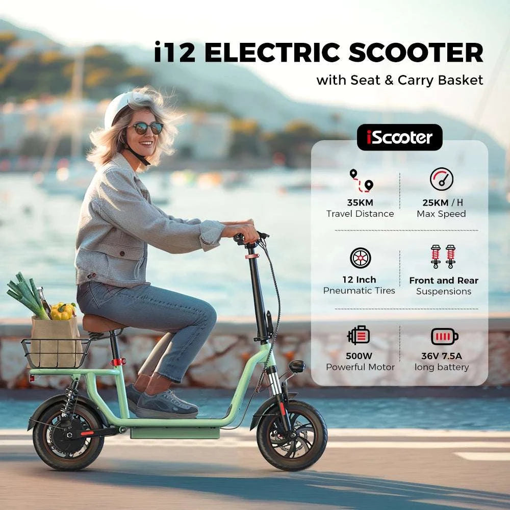 Electric Scooter with Seat 500W Motor 35KM Range 12" Tires-green / france