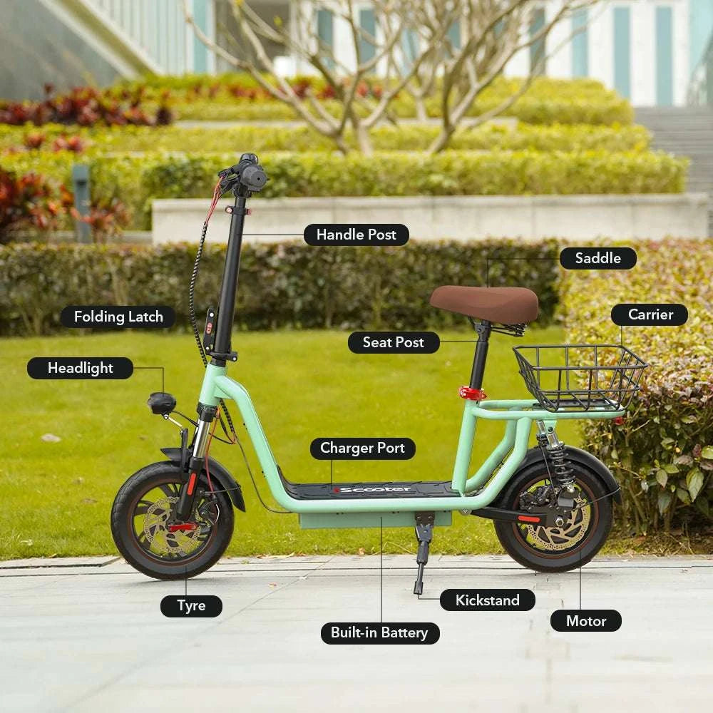 Electric Scooter with Seat 500W Motor 35KM Range 12" Tires-green / france