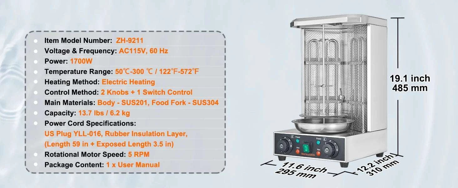 Electric Shawarma Grill Machine 13.7lb Vertical Rotisserie Cooker-US plug 110V / US / United States