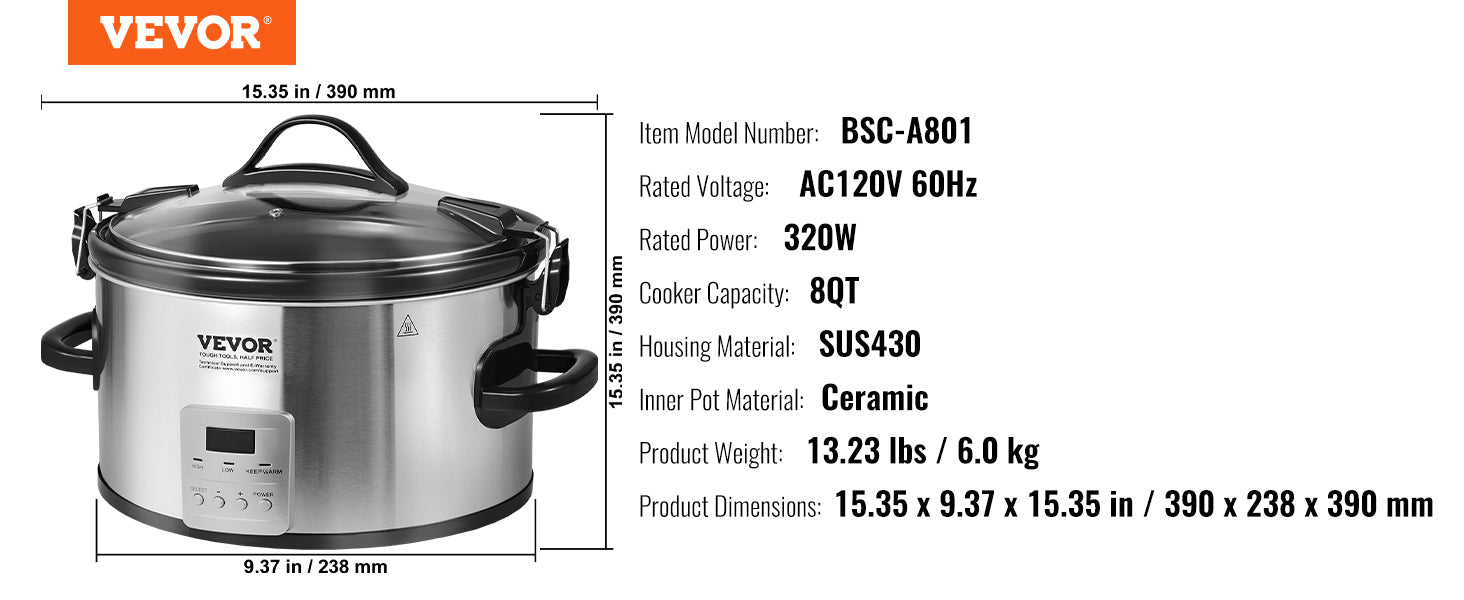 8QT Digital Slow Cooker with Ceramic Pot & Locking Lid