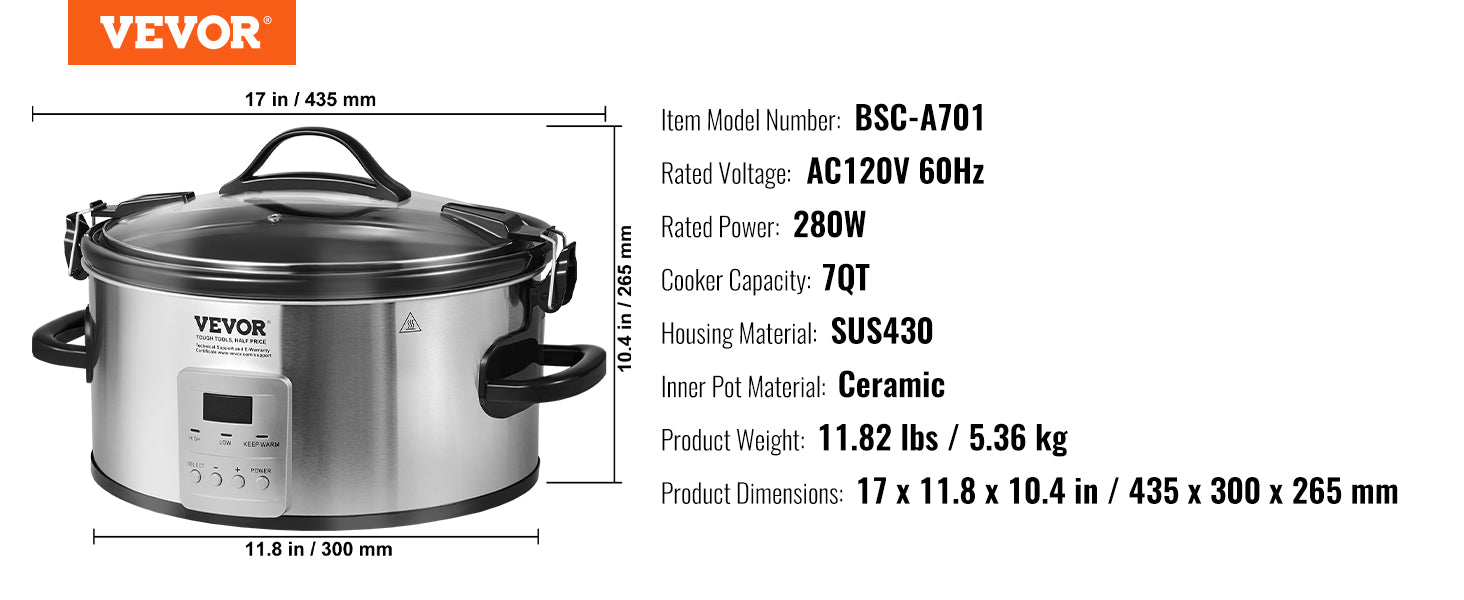 8QT Digital Slow Cooker with Ceramic Pot & Locking Lid