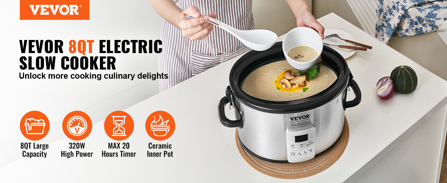 8QT Digital Slow Cooker with Ceramic Pot & Locking Lid
