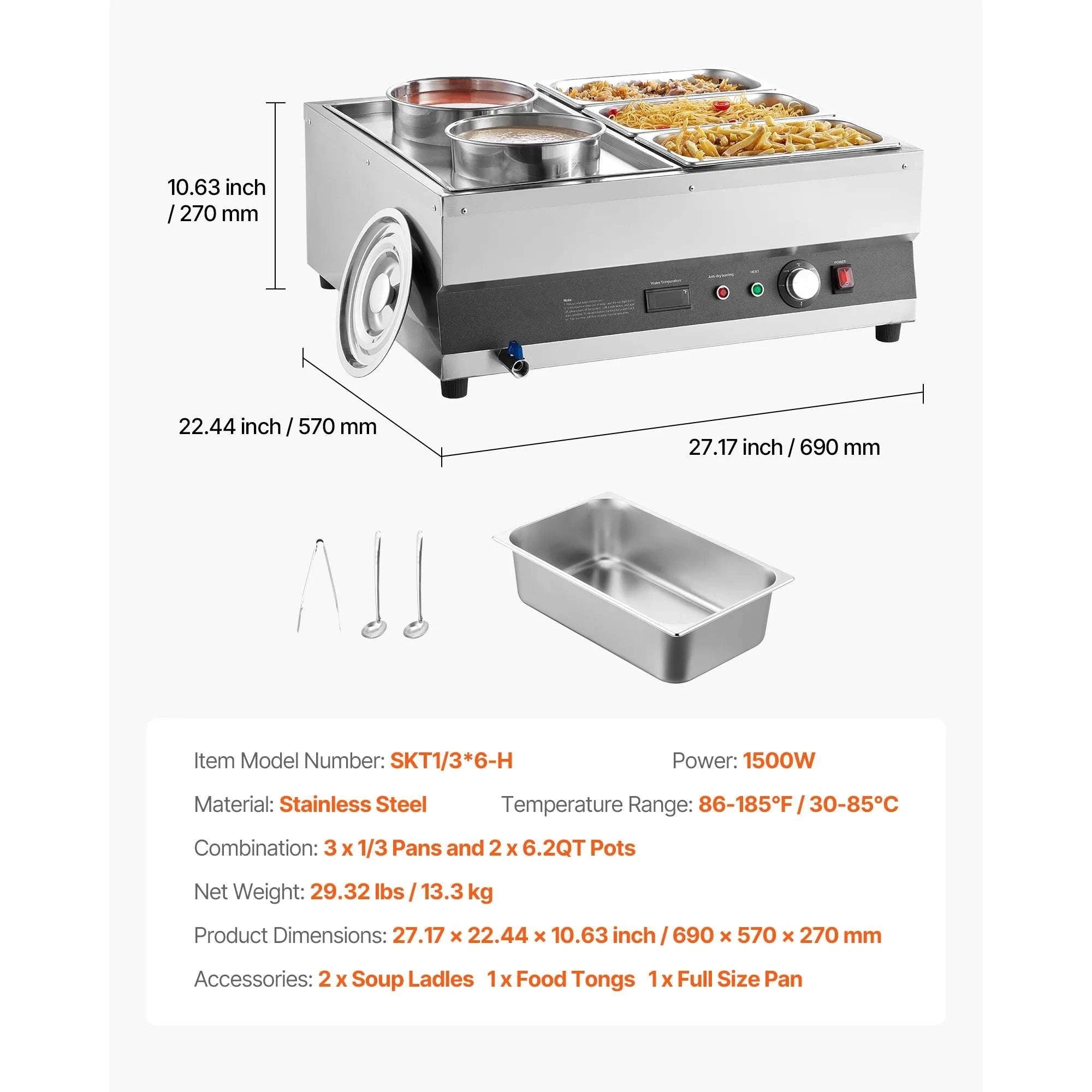 Electric Soup Warmer Bain Marie 1500W with Pots & Pans Set-1500W / United States