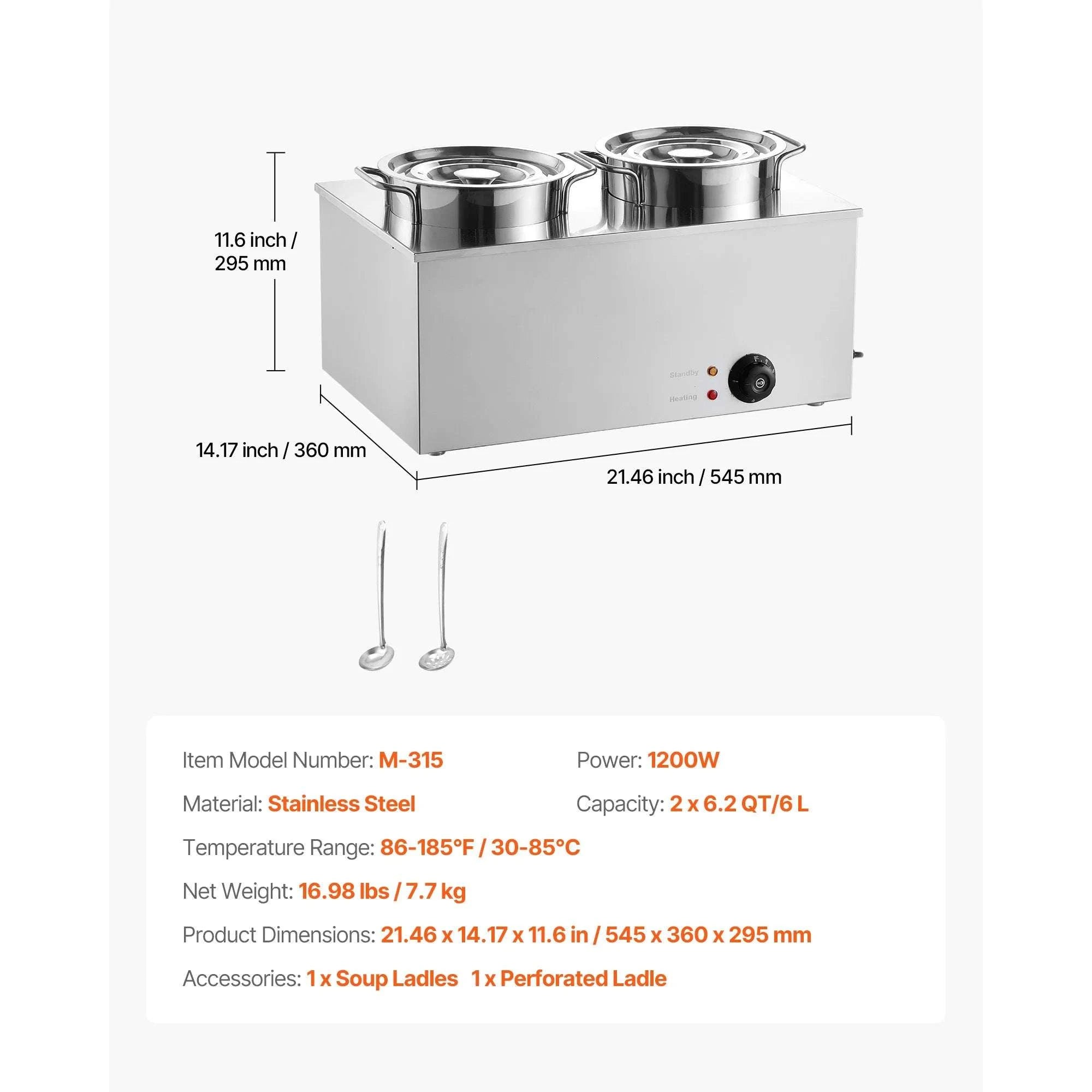 Electric Soup Warmer Dual 6.34QT Pots with Adjustable Heat 1200W-2x6L 1200W / United States
