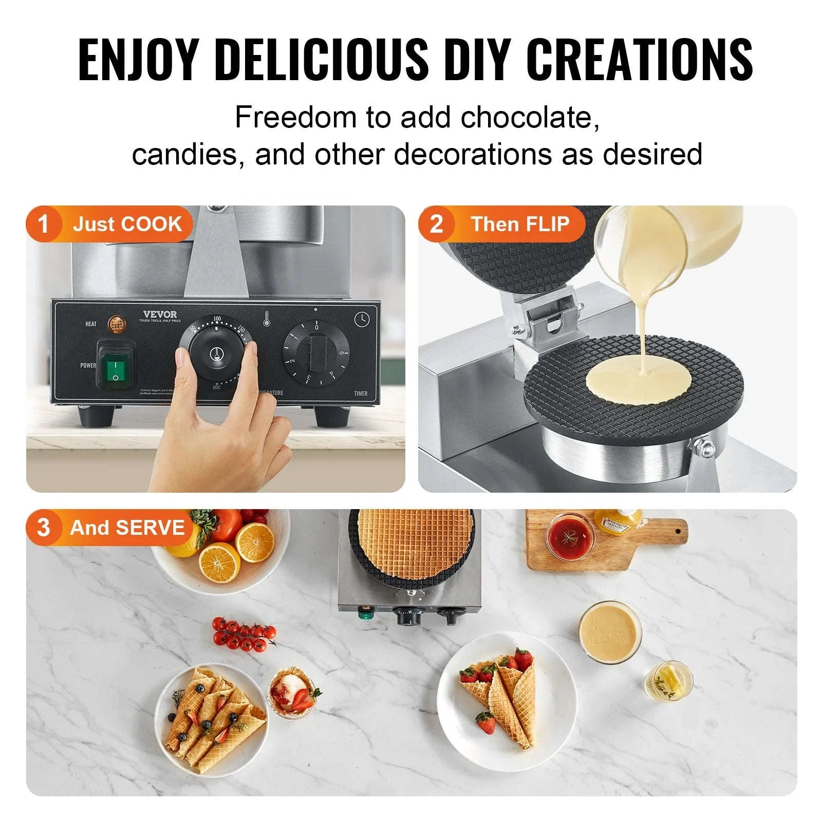 Electric Waffle Cone Maker with Temperature and Time Control-spain
