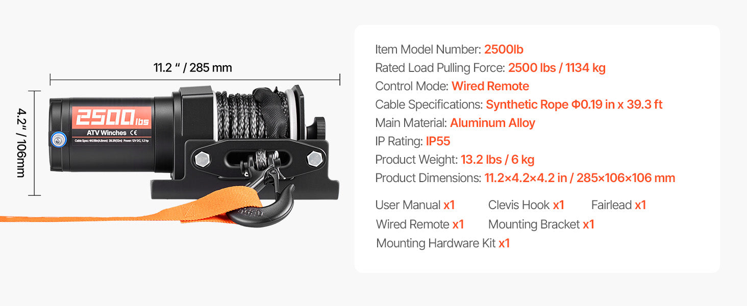 12V ATV Winch 2500–3500lbs with Synthetic Rope & Wired Remote