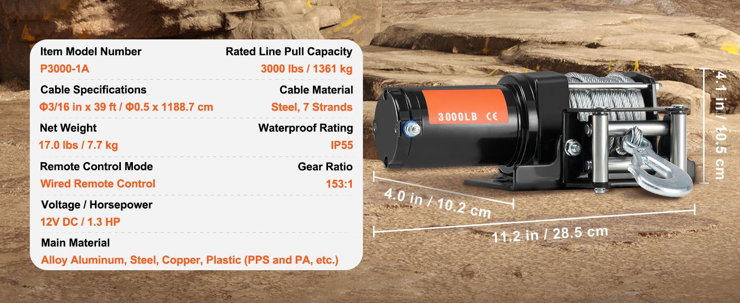 3000lbs ATV Electric Winch with 12V Motor & 39ft Steel Cable