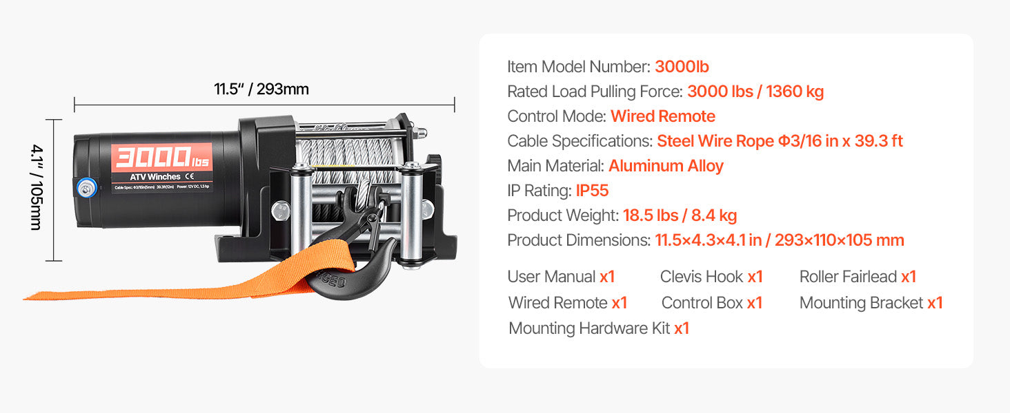 3000lb Electric ATV Winch 12V with Steel Rope & Wired Remote