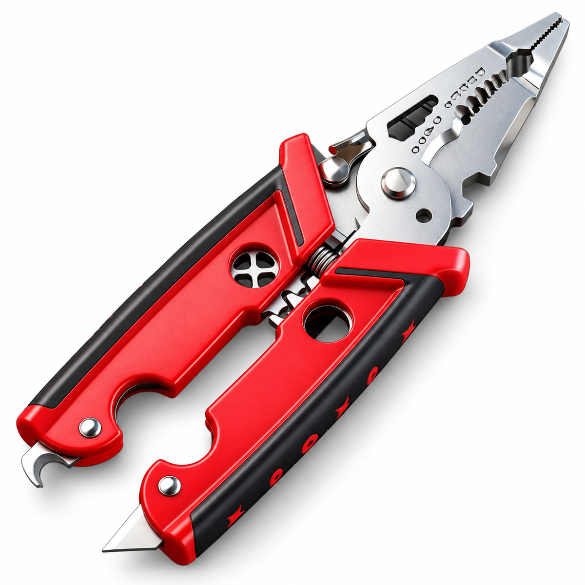 Red and black multifunction electrician wire stripper pliers on white background